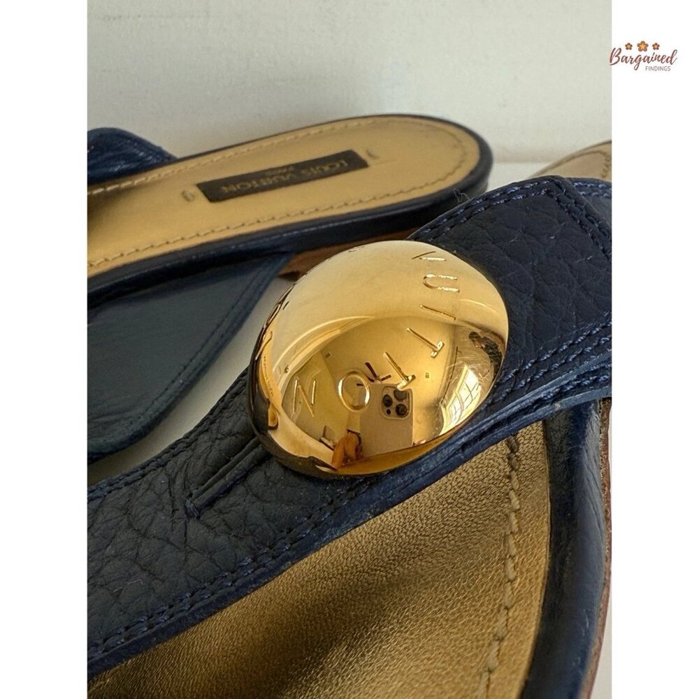Authentic Louis Vuitton Navy Leather Chaussures Slides Thong Sandals 38.5/8.5 - Picture 2 of 13